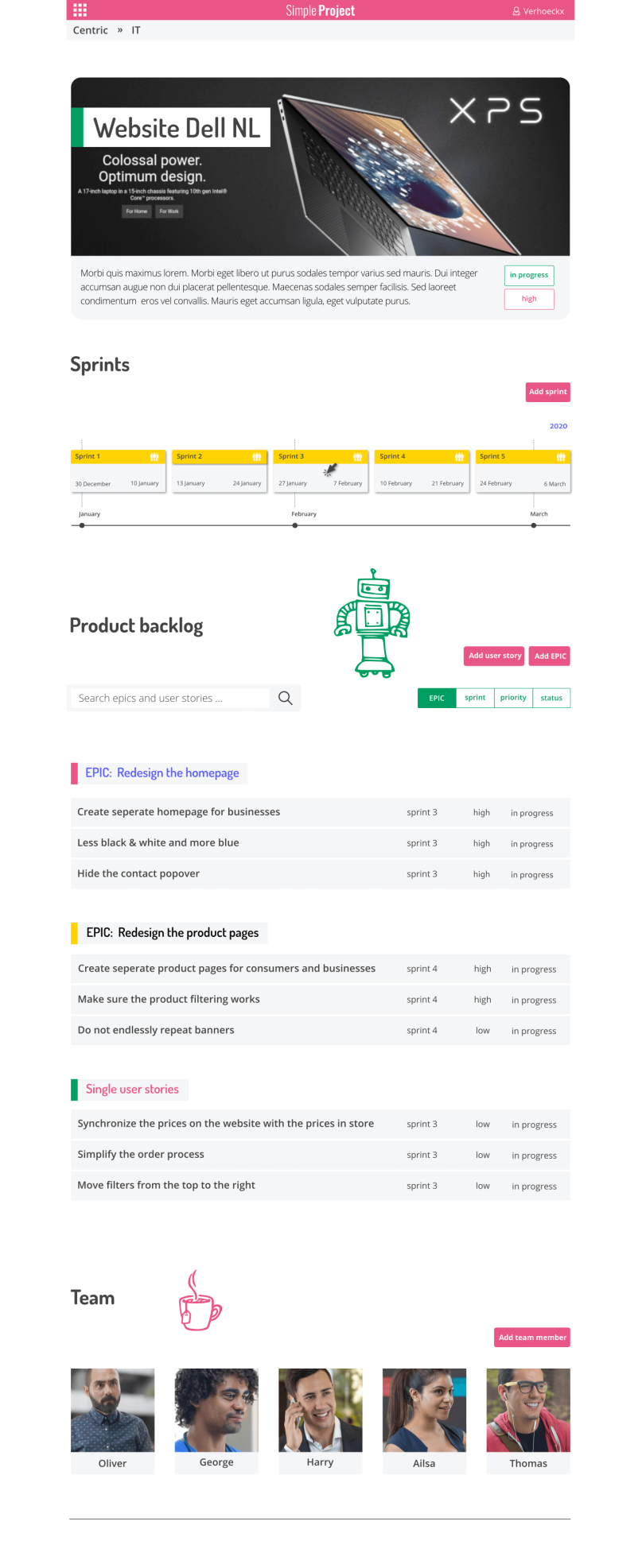 Design of the project dashboard of Simple Project