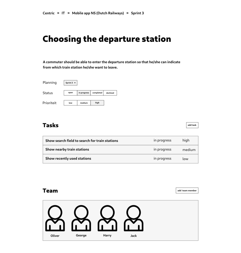 Wireframe of the user story dashboard of Simple Project