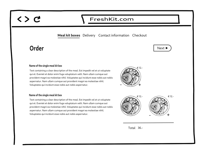 Wireframe of the first step of the checkout (desktop)
