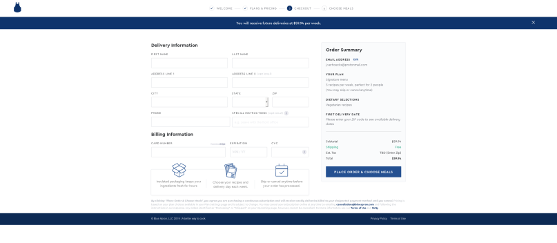 The checkout page of BlueApron.