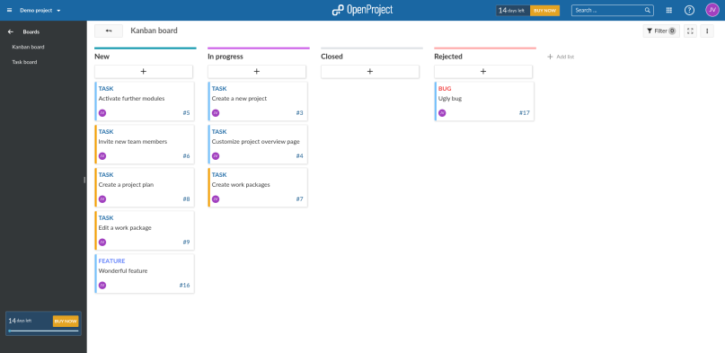 A screenshot of the Kanban board of OpenProject.