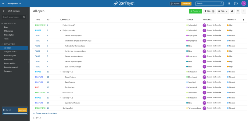A screenshot of the work packages screen of OpenProject.
