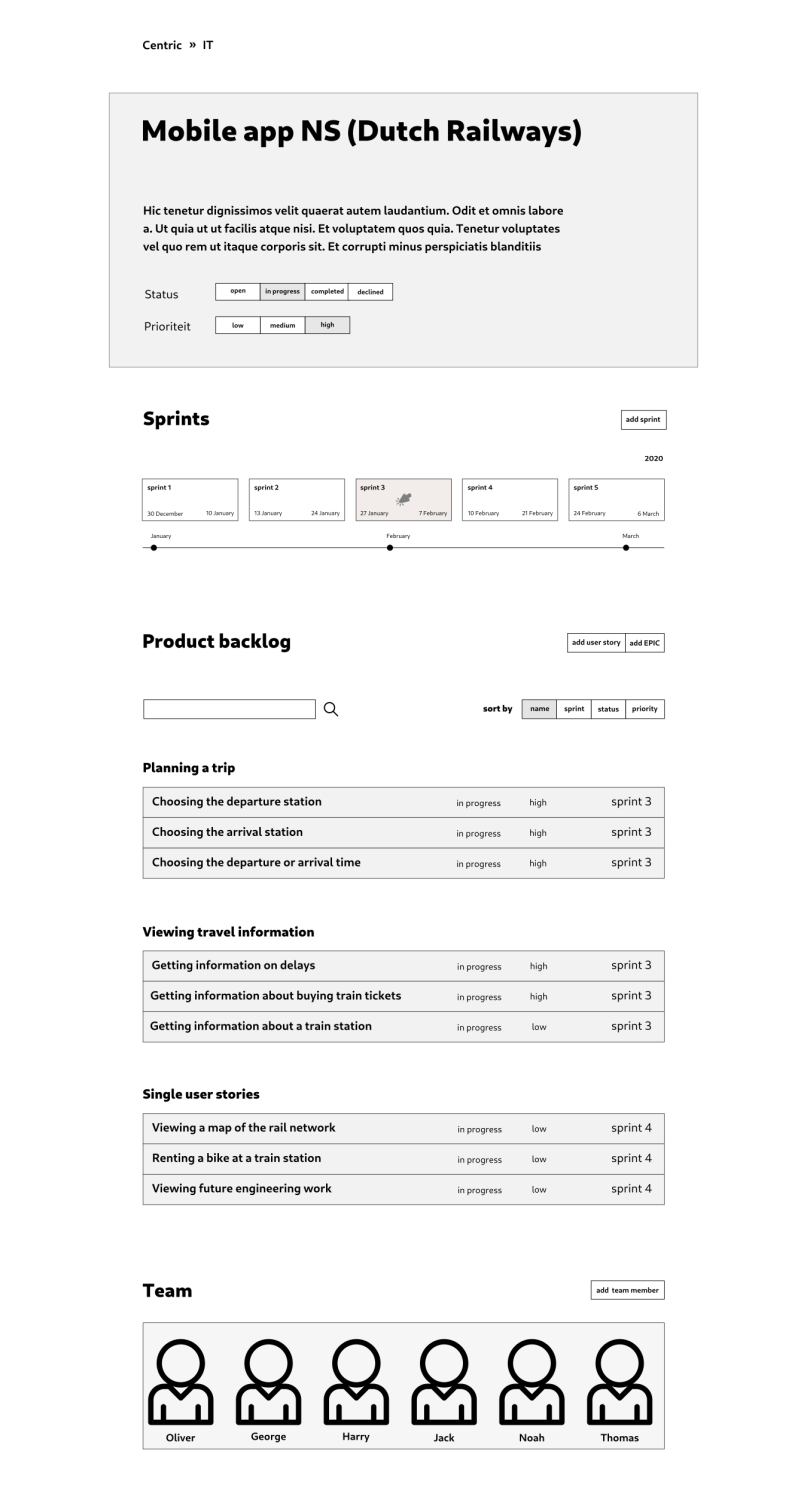 Wireframe of the project dashboard of Simple Project