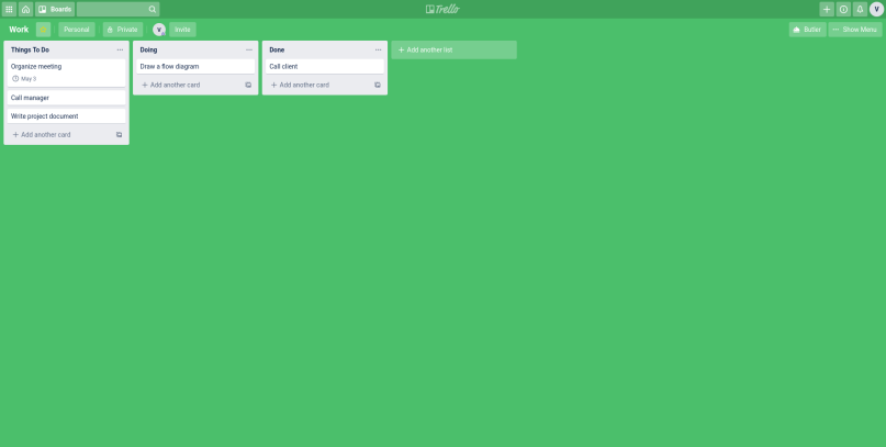 A screenshot of the Kanban board of Trello.
