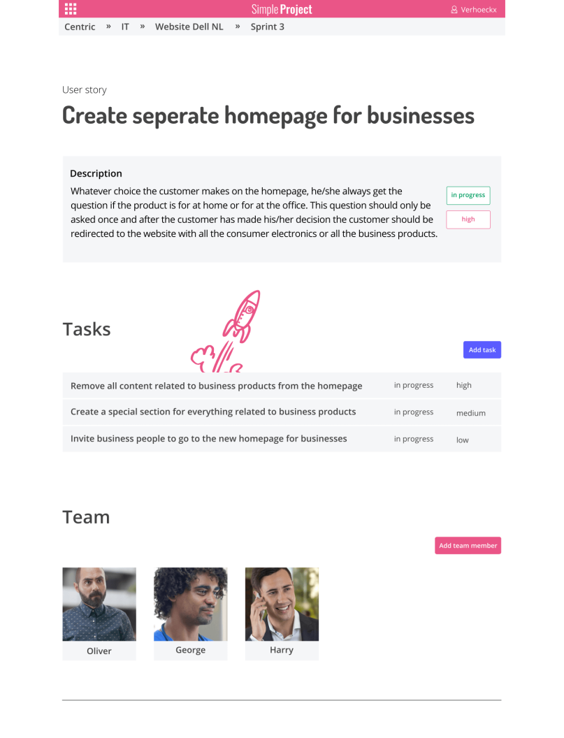 Final high-fidelity design of the user story dashboard.