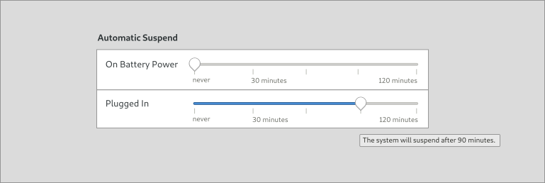 Mockup of the option Automatic Suspend. Showing the options as a slider.